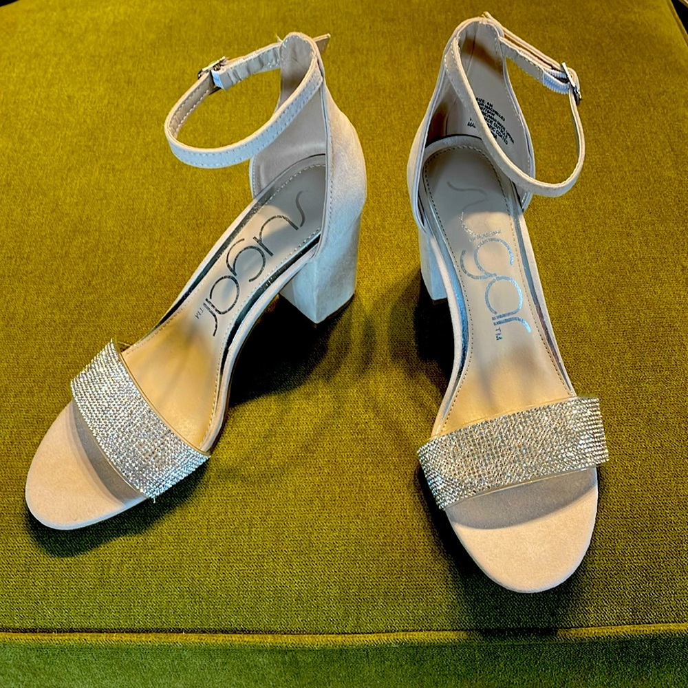 Women’s Sandals with 3” heel. Faux suede with rhinestones.